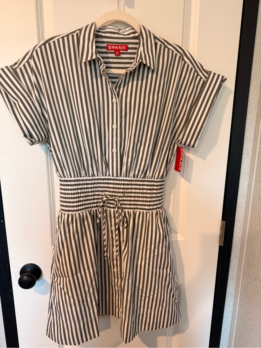 SPANX Black & White Striped Shirtdress with Smocked Waist
